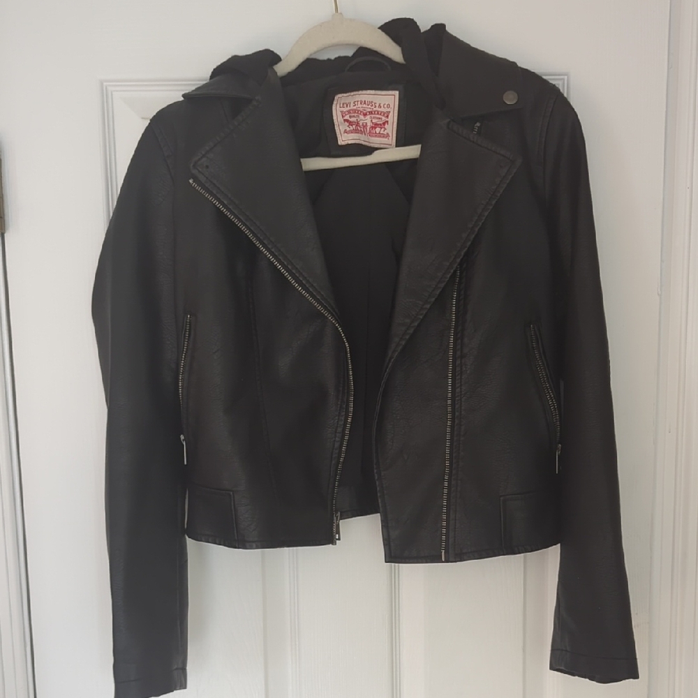 Levi's Black Faux Leather Biker Jacket with Hood